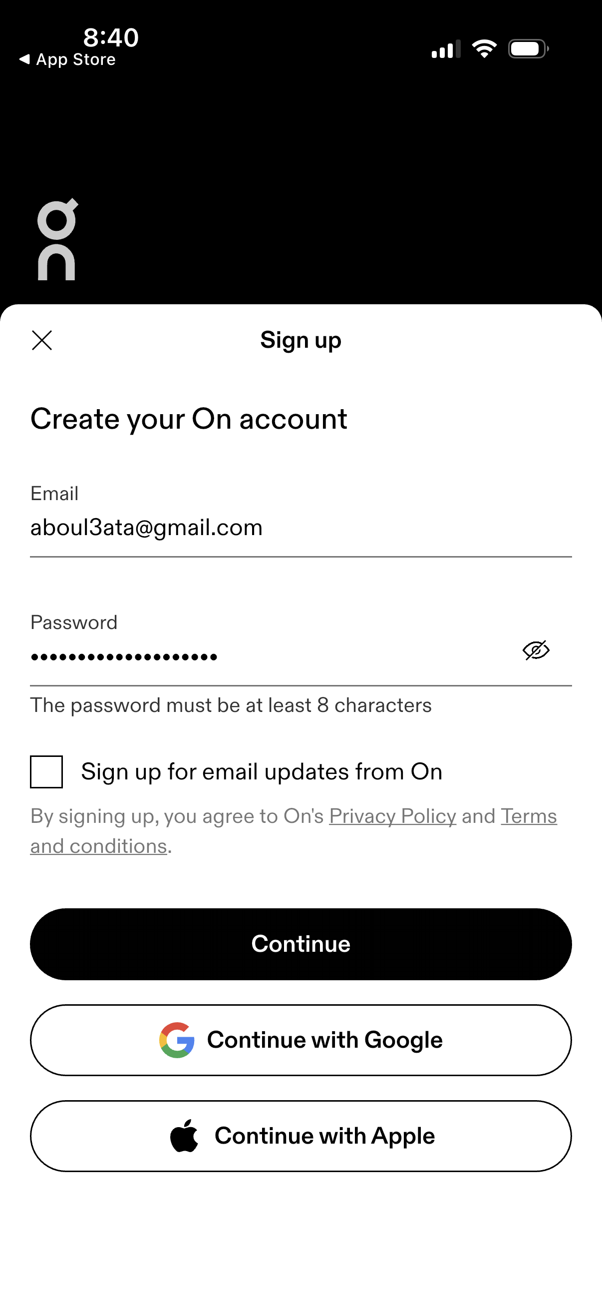on-running signup screenshot